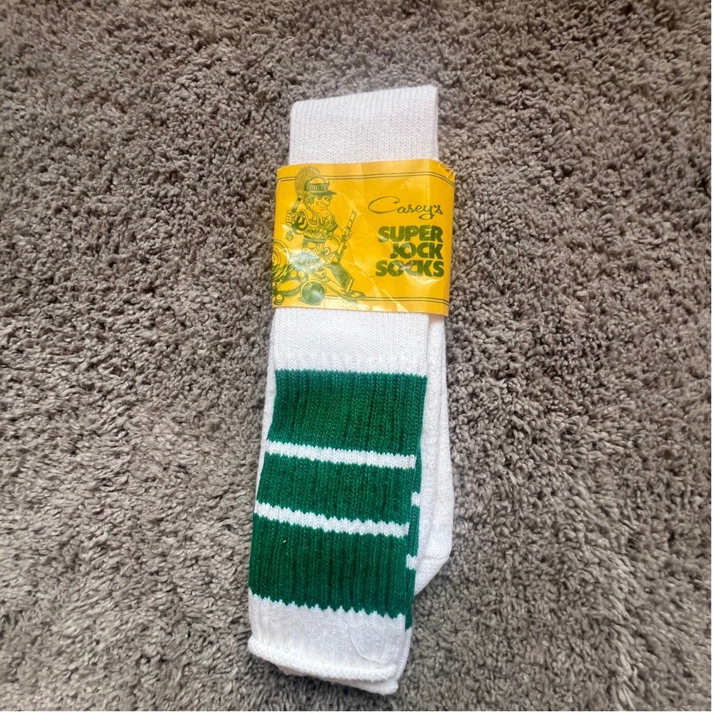 Vintage Caseys Super Jock Socks Nelson White Green Striped Tube Mens 9-15 USA